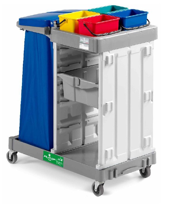 Configuration avec bacs de tri et compartiments de rangement.